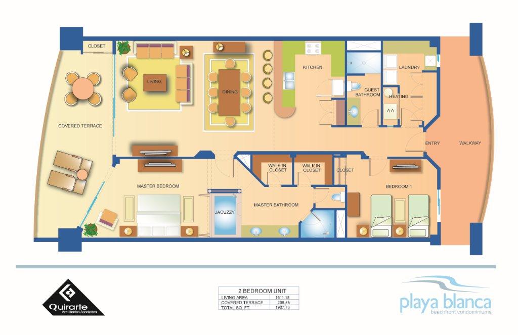 Imagen con un layout o planta de distribucion del condominio de dos recamaras.